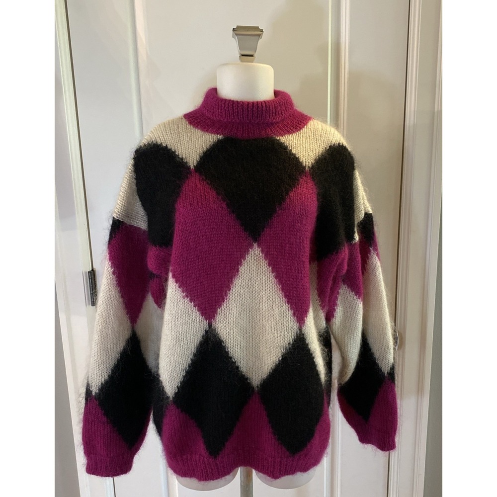 Brass Plum Mohair‎ Argyle Turtleneck Sweater Size Small Vintage Nordstrom